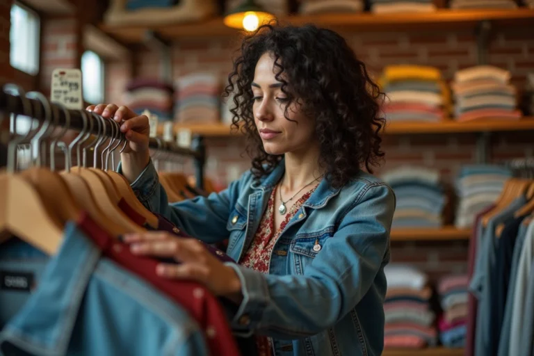 Femme parcourant des vêtements de seconde main sur un portant en bois dans une boutique vintage au décor chaleureux