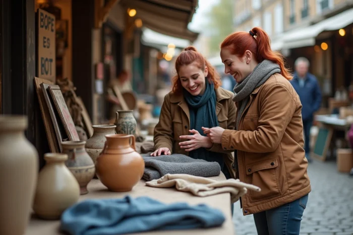 Deux femmes qui rient en examinant des objets vintage sur un étal de marché aux puces en plein air avec pavés et enseignes artisanales
