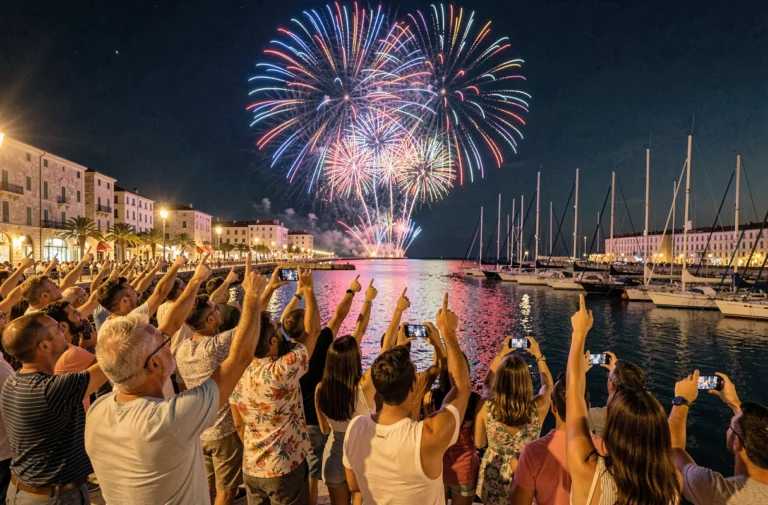 Foule admirant le feu d'artifice du 14 juillet au Vieux-Port de Marseille avec reflets colorés sur l'eau