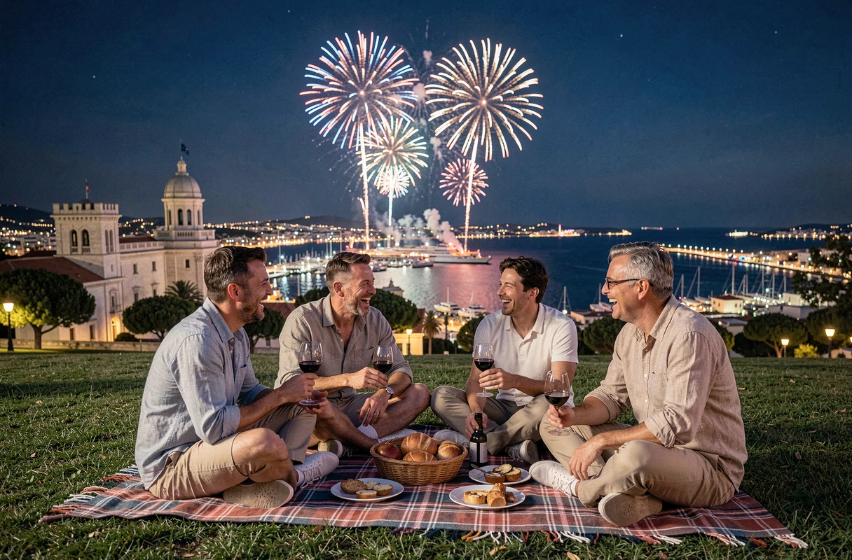 Groupe d'amis pique-niquant au Parc du Pharo avec vue panoramique sur le feu d'artifice du 14 juillet à Marseille