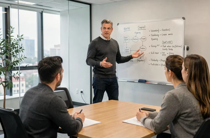 Formateur professionnel animant une session de formation en entreprise devant un groupe de collaborateurs attentifs dans une salle de réunion moderne
