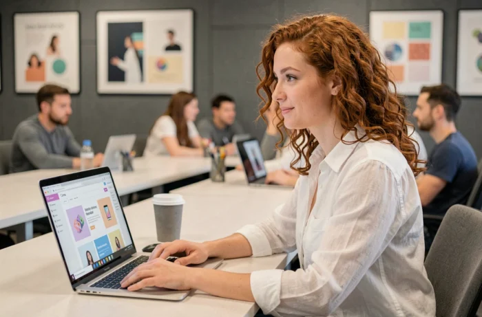 Jeune femme participant à un atelier de formation Canva en salle pour apprendre à concevoir des newsletters percutantes