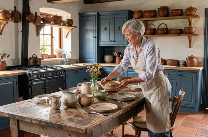 Femme préparant des galettes bretonnes dans la cuisine rustique d'un gîte traditionnel en Bretagne