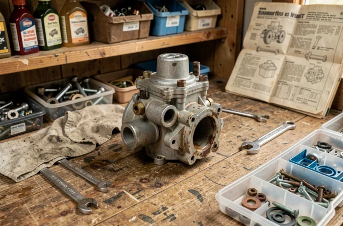 Gros plan d'un carburateur de tondeuse thermique déposé sur un établi d'atelier