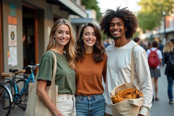 Groupe d'amis participant à un événement d'échange de vêtements durables en plein air