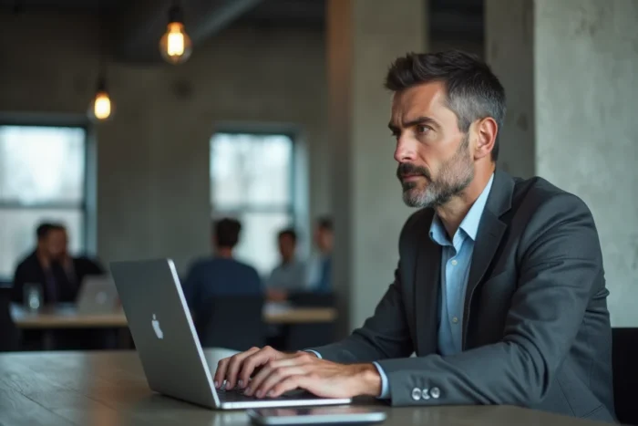 Homme d'affaires travaillant sur les dernières tendances numériques dans un espace de coworking moderne