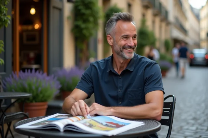 Homme consultant des pages illustrées colorées en terrasse de café parisien