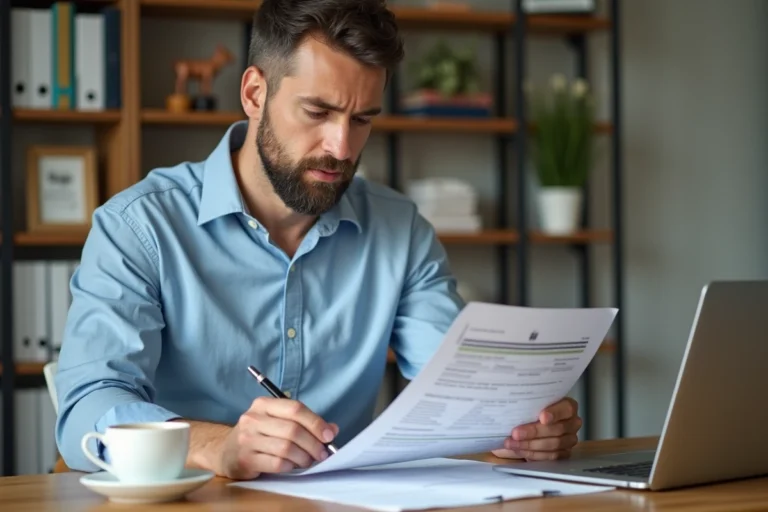 Homme comparant des documents d'assurance auto à son bureau à domicile