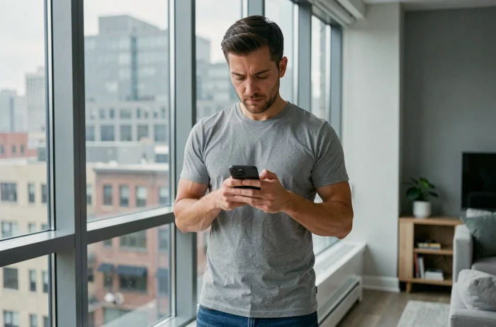 Homme consultant les horaires du service client Orange sur son smartphone dans un appartement moderne