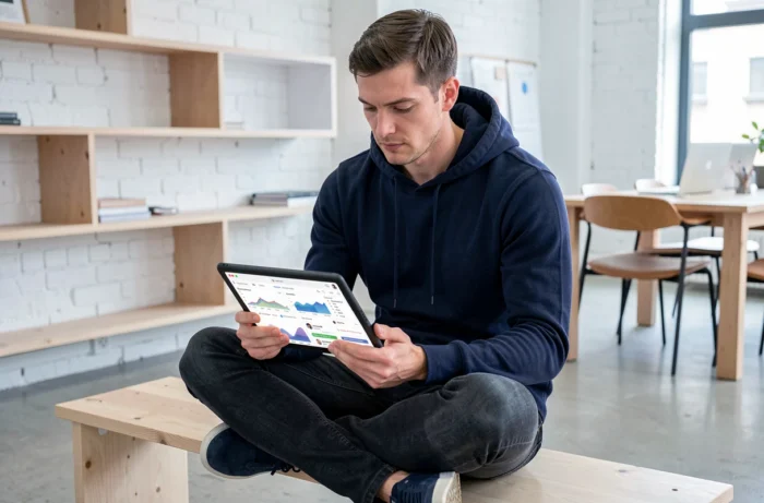 Jeune homme en espace de coworking consultant des innovations web et des applications mobiles sur une tablette numérique