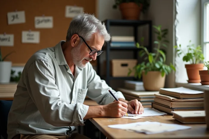Homme rédigeant des étiquettes manuscrites sur des objets d'occasion à son bureau en bois, entouré de livres et notes de vocabulaire