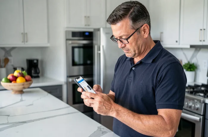 Homme consultant une facture Carrefour sur son smartphone dans une cuisine moderne