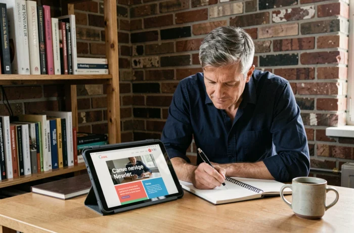 Homme en formation CPF Canva prenant des notes sur la création de newsletters graphiques depuis son bureau à domicile