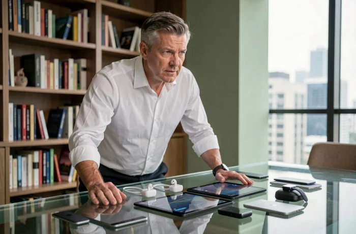 Homme d'affaires entouré de gadgets high-tech sur un bureau en verre dans un bureau à domicile élégant