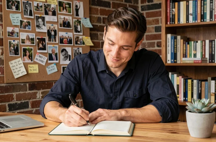 Homme écrivant ses objectifs dans un journal avec un tableau de visualisation affiché au mur dans un bureau à domicile inspirant