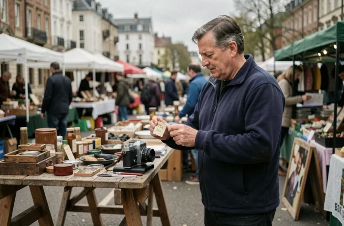 Homme examinant une caméra vintage dans un marché aux puces en plein air