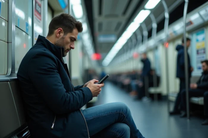 Homme dans le métro consultant des stories Instagram de façon anonyme sur son téléphone portable