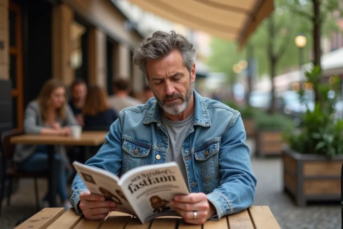 Homme lisant un magazine de mode éthique en terrasse de café dans un quartier urbain