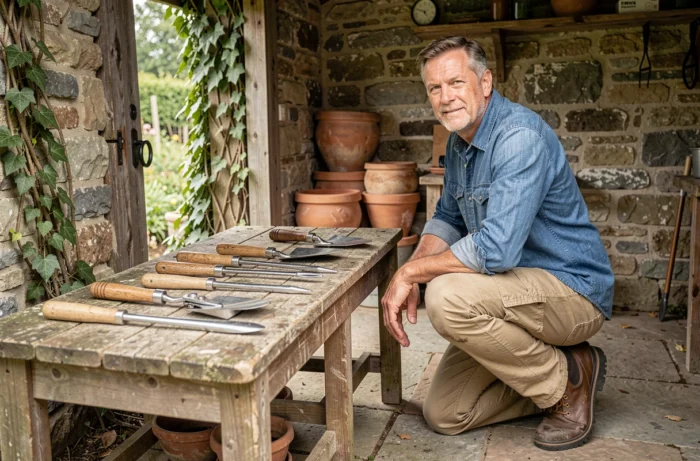 Homme inspectant un assortiment d'outils de jardinage sur un établi en bois dans un cabanon de jardin