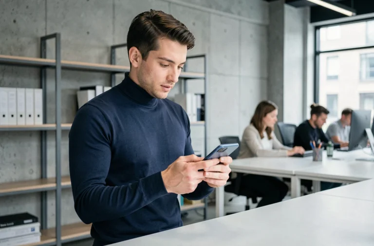 Homme utilisant un smartphone pliable dans un bureau high-tech moderne aux murs en béton