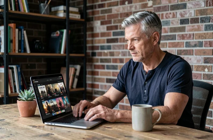 Homme regardant un film en streaming sur son ordinateur portable dans un bureau à domicile
