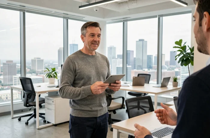 Homme en espace de travail moderne consultant une tablette, symbole de l'actualité société et technologie