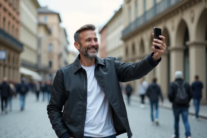 Homme filmant une vidéo pour les réseaux sociaux dans une place urbaine européenne animée
