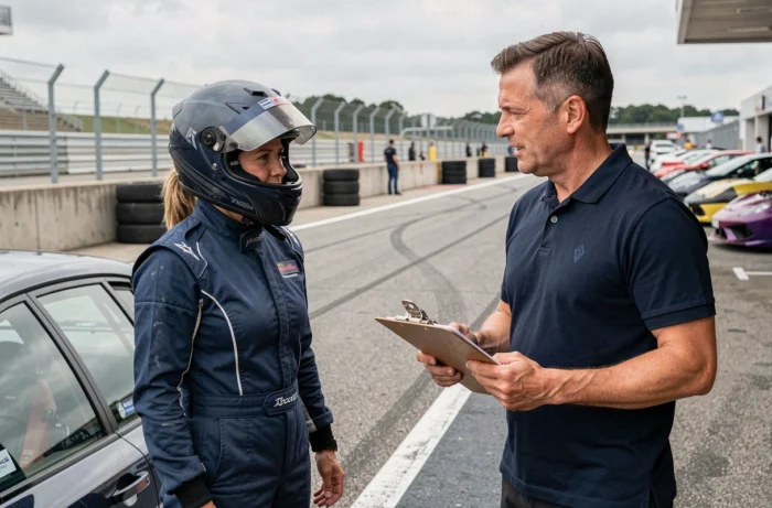 Instructeur de stage de pilotage donnant des conseils techniques à une participante dans le stand d'un circuit automobile