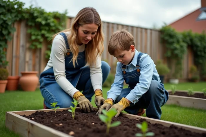 Femme et enfant faisant du jardinage ensemble dans un jardin au printemps