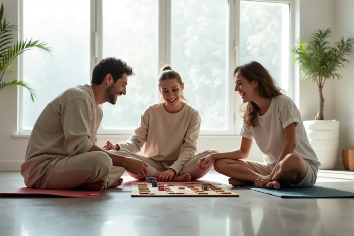 Groupe d'adultes jouant à un jeu de société dans un espace convivial en intérieur