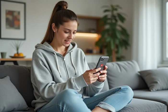 Jeune femme consultant son smartphone avec une erreur de connexion à la vente au personnel L'Oréal depuis chez elle