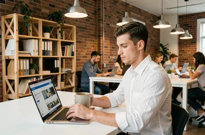 Jeune professionnel consultant les dernières actualités B2B sur son ordinateur portable dans un espace de coworking