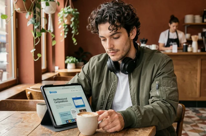 Jeune professionnel se formant de manière autonome sur une tablette dans un café, symbolisant l'apprentissage flexible et le développement personnel pour booster sa carrière