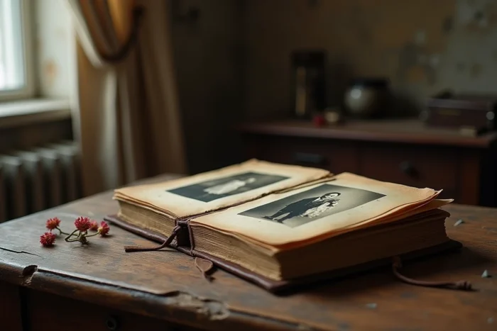 Journal en cuir ancien et photographie de famille en noir et blanc évoquant les secrets et l'histoire d'une famille tristement célèbre