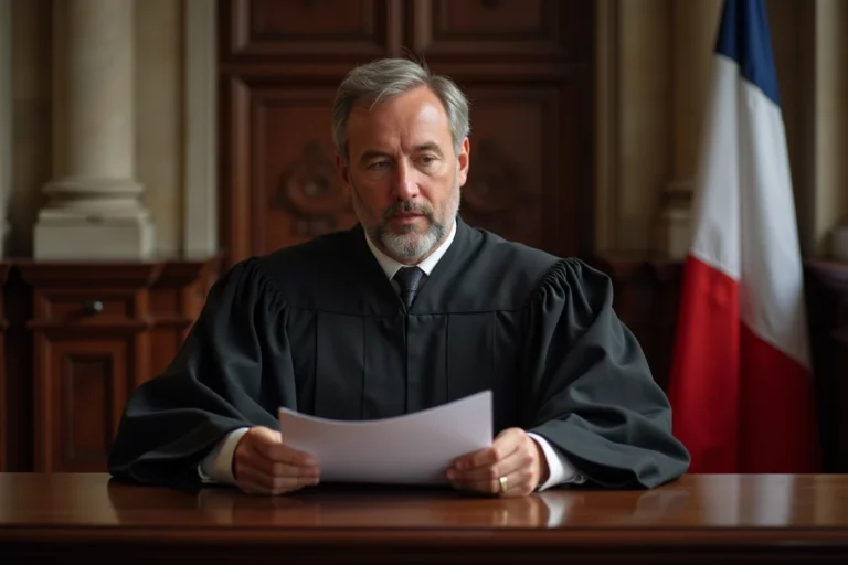 Juge en robe noire examinant un document juridique dans une salle d'audience française, illustrant le rejet d'une demande au tribunal
