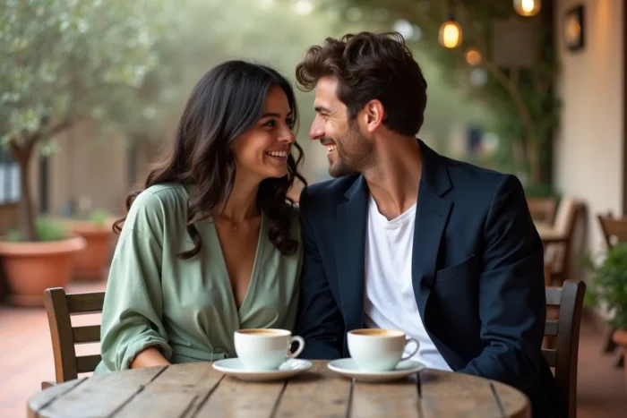 Couple complice attablé en terrasse d'un café méditerranéen, évoquant la relation amoureuse et la vie de couple de Kristina Mladenovic