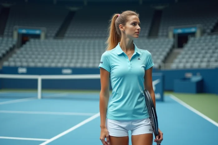 Joueuse de tennis professionnelle en tenue sportive sur un court intérieur, représentant la carrière et la personnalité publique de Kristina Mladenovic