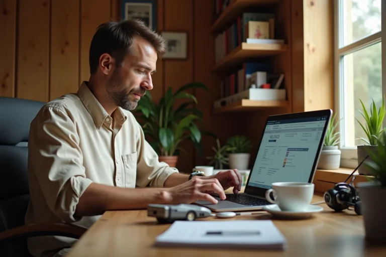 Homme parcourant un site de pêche en ligne depuis son bureau à domicile avec des accessoires de pêche posés sur la table