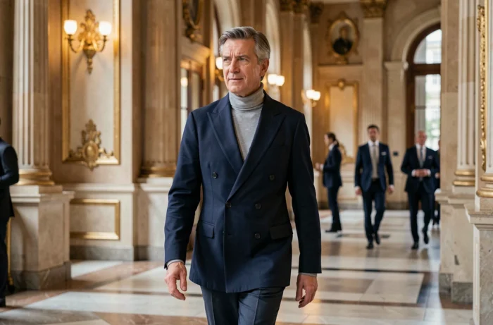 Homme d'affaires distingué traversant le hall d'un bâtiment haussmannien parisien, évoquant la réussite et l'influence de Marc Warnod dans l'industrie française