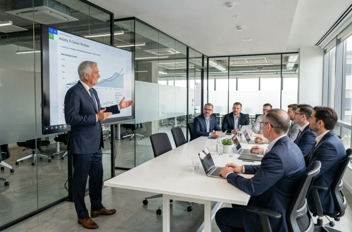Cadre supérieur de l'industrie française présentant une stratégie lors d'une réunion dans une salle de conférence moderne, symbolisant l'influence et le leadership de Marc Warnod dans le secteur