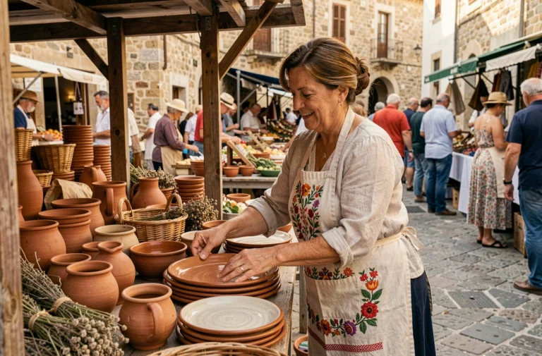 Artisane sarde présentant des céramiques et paniers tressés sur un marché traditionnel de Porto Torres