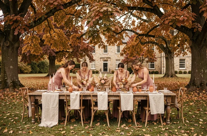 Table de réception de mariage en extérieur à l'automne avec décoration rustique et feuillage doré dans un domaine en pierre