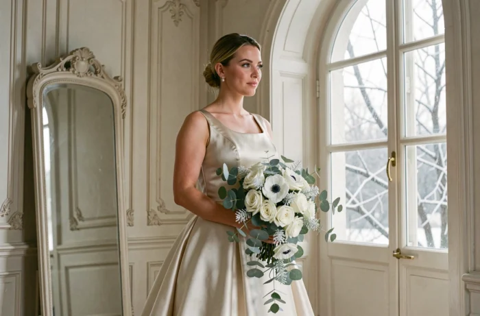 Mariée contemplative en robe de satin lors d'une préparation de mariage hivernal dans un château français avec bouquet de roses blanches