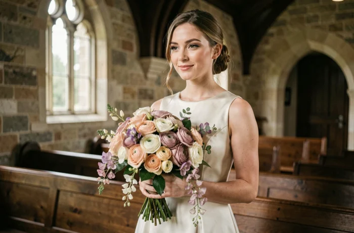 Mariée tenant un bouquet romantique de roses et renoncules dans une chapelle en pierre