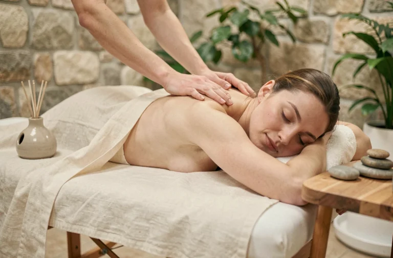 Femme en train de recevoir un massage doux dans un spa zen aux murs en pierre naturelle