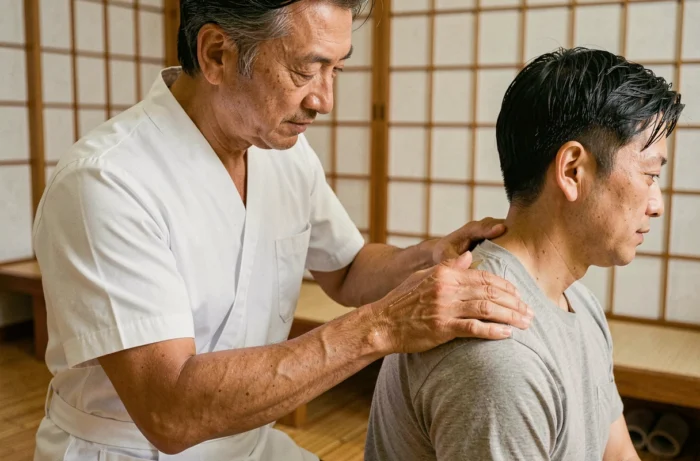 Thérapeute masculin appliquant de l'huile de massage sur les épaules d'un client dans un studio bien-être japonais minimaliste