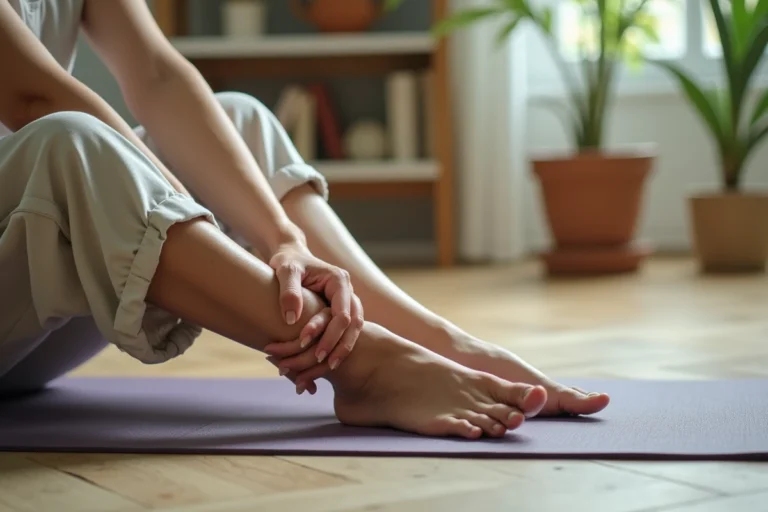 Femme mature massant la plante de son pied pour améliorer la circulation sanguine sur un tapis de yoga à domicile