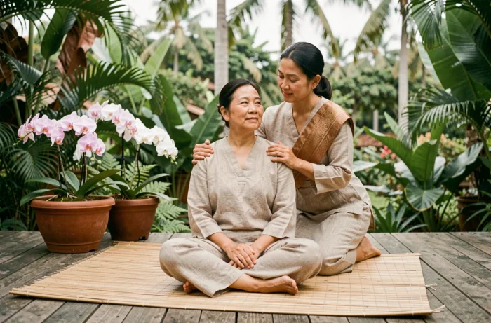 Femme recevant un massage traditionnel thaïlandais de la tête en plein air sur une terrasse en bois entourée de végétation tropicale