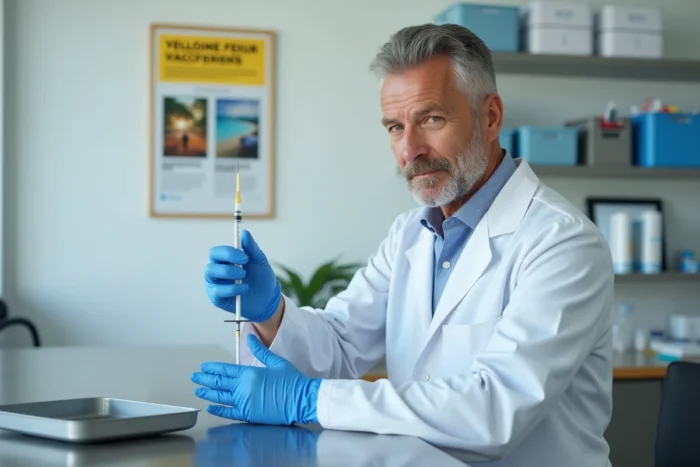 Médecin préparant un vaccin contre la fièvre jaune dans un centre de vaccination agréé