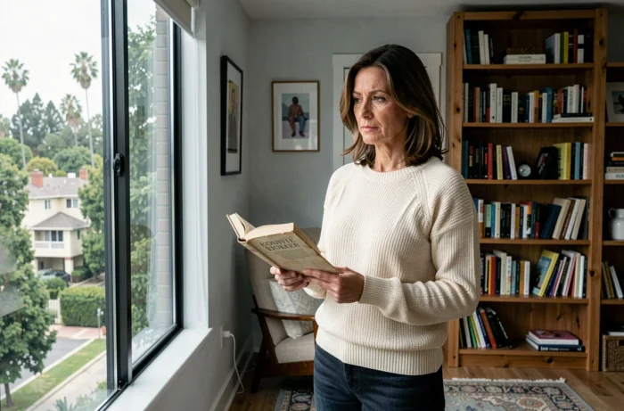 Femme cultivée et réfléchie dans un intérieur californien chaleureux, illustrant la vie personnelle et les passions de Melissa Womer